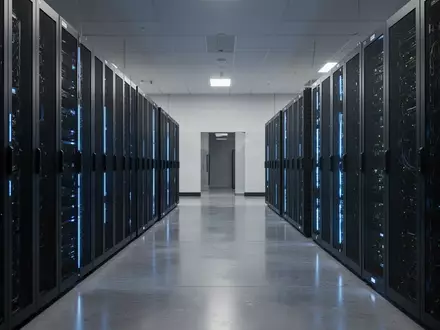 Ein moderner Serverraum mit schwarzen Server-Racks und blauer Beleuchtung in einem Regierungsgebäude. - Foto: über boerse-global.de