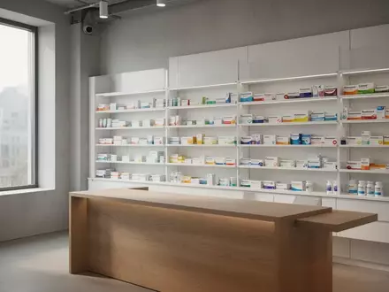 Ein minimalistisch gestaltetes, modernes Apothekeninterieur mit aufgeräumten Regalen und einem leeren Verkaufstresen bei Tageslicht. - Foto: über boerse-global.de