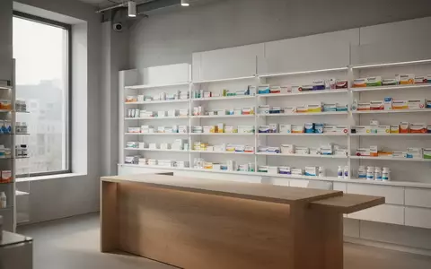 Ein minimalistisch gestaltetes, modernes Apothekeninterieur mit aufgeräumten Regalen und einem leeren Verkaufstresen bei Tageslicht. - Foto: über boerse-global.de