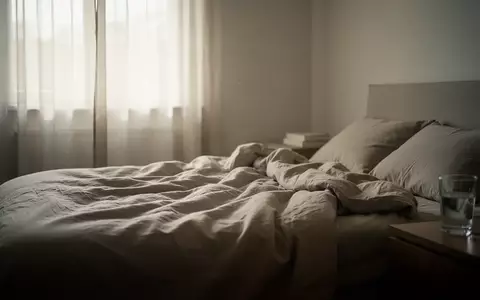 Ein ruhiges, minimalistisches Schlafzimmer bei Tageslicht mit einem ungemachten Bett und einem Glas Wasser auf dem Nachttisch. - Foto: über boerse-global.de