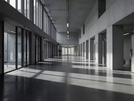 Ein minimalistischer, leerer Flur in einem modernen Regierungsgebäude mit architektonischen Schattenwürfen. - Foto: über boerse-global.de