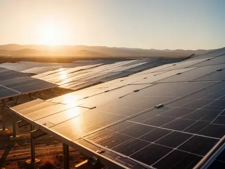 Moderne Solarpark-Anlage mit Photovoltaik-Paneelen in einer sonnigen Wüstenlandschaft bei Sonnenuntergang. - Foto: über boerse-global.de