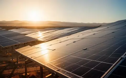 Moderne Solarpark-Anlage mit Photovoltaik-Paneelen in einer sonnigen Wüstenlandschaft bei Sonnenuntergang. - Foto: über boerse-global.de