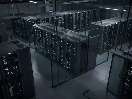 Reihen von Server-Racks in einem modernen Rechenzentrum mit dezenter Beleuchtung in einer nächtlichen Umgebung. - Foto: über boerse-global.de