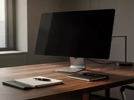 Ein aufgeräumter, moderner Büroarbeitsplatz mit einem ausgeschalteten Computermonitor und einem Notizbuch auf einem Holztisch. - Foto: über boerse-global.de
