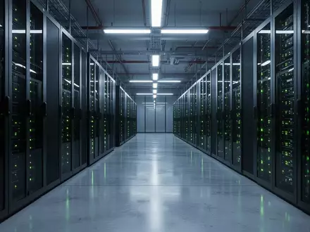 Reihen von Server-Racks in einem modernen Rechenzentrum mit blauer Beleuchtung. - Foto: über boerse-global.de