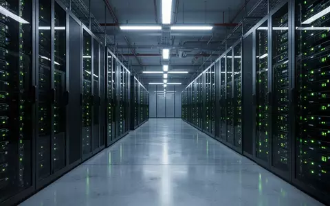 Reihen von Server-Racks in einem modernen Rechenzentrum mit blauer Beleuchtung. - Foto: über boerse-global.de