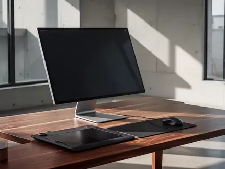 Ein minimalistischer, moderner Arbeitsplatz mit einem ausgeschalteten Computermonitor in einem sonnendurchfluteten Studio. - Foto: über boerse-global.de