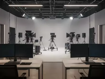 Ein minimalistisches, modernes Filmstudio mit professioneller technischer Ausstattung und dunklen Monitoren. - Foto: über boerse-global.de