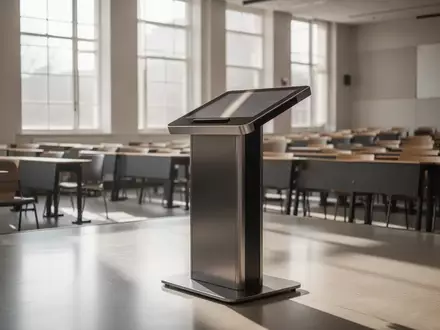 Ein modernes, minimalistisches digitales Rednerpult in einem leeren, hellen Vorlesungssaal mit natürlichem Lichteinfall. - Foto: über boerse-global.de