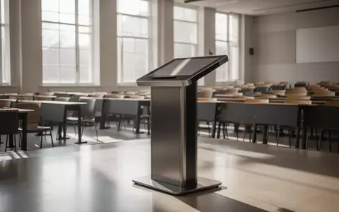 Ein modernes, minimalistisches digitales Rednerpult in einem leeren, hellen Vorlesungssaal mit natürlichem Lichteinfall. - Foto: über boerse-global.de