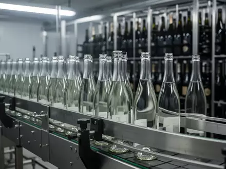 Moderne Abfüllanlage in einem Sektkellereibetrieb mit leeren Glasflaschen auf einem Förderband. - Foto: über boerse-global.de