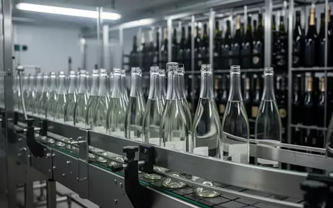 Moderne Abfüllanlage in einem Sektkellereibetrieb mit leeren Glasflaschen auf einem Förderband. - Foto: über boerse-global.de
