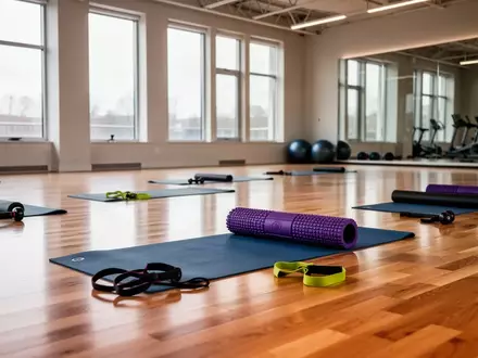 Leere, modern ausgestattete Sporthalle mit Fitnessmatten und Trainingsgeräten auf dem Hallenboden bei hellem Tageslicht. - Foto: über boerse-global.de