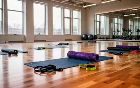 Leere, modern ausgestattete Sporthalle mit Fitnessmatten und Trainingsgeräten auf dem Hallenboden bei hellem Tageslicht. - Foto: über boerse-global.de