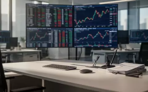 Ein moderner Schreibtisch in einem Finanzbüro mit verschwommenen Börsenkurse auf einem Monitor im Hintergrund. - Foto: über boerse-global.de