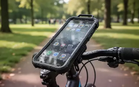 Wasserdichte Smartphone-Schutzhülle an einer Fahrradlenkerhalterung bei Tageslicht im Freien. - Foto: über boerse-global.de