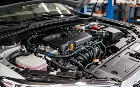 Geöffneter Motorraum eines modernen Fahrzeugs in einer Werkstattumgebung mit Fokus auf technische Komponenten. - Foto: über boerse-global.de