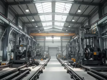 Leere, moderne Industriehalle einer Rüstungsproduktionsstätte mit großen Maschinen und natürlichem Lichteinfall. - Foto: über boerse-global.de