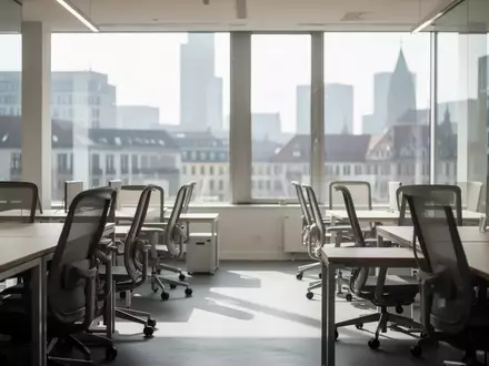 Modernes, leeres Coworking-Büro mit hellen Holztischen und Blick auf eine deutsche Stadtlandschaft. - Foto: über boerse-global.de