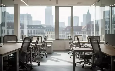 Modernes, leeres Coworking-Büro mit hellen Holztischen und Blick auf eine deutsche Stadtlandschaft. - Foto: über boerse-global.de