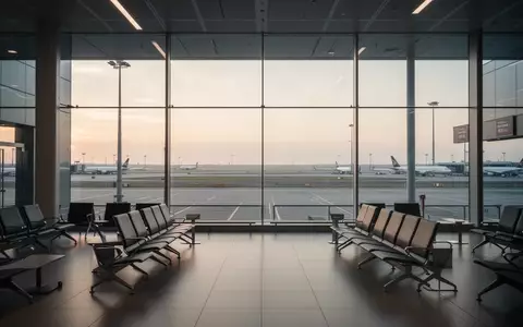 Ein minimalistischer Flughafen-Wartebereich mit Blick auf eine Startbahn bei Sonnenaufgang. - Foto: über boerse-global.de