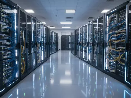 Moderne Glasfaser-Serverräume in einem Rechenzentrum mit leuchtenden LED-Anzeigen. - Foto: über boerse-global.de