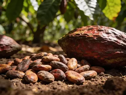 Nahaufnahme von frisch geernteten Kakaobohnen auf einer sonnigen Plantage. - Foto: über boerse-global.de