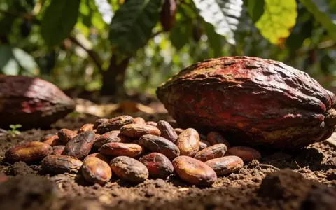 Nahaufnahme von frisch geernteten Kakaobohnen auf einer sonnigen Plantage. - Foto: über boerse-global.de