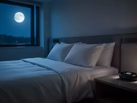 Ein minimalistisches, modern eingerichtetes Schlafzimmer bei Nacht mit einem leeren Bett und einem unbeleuchteten Schlaf-Tracker auf dem Nachttisch. - Foto: über boerse-global.de