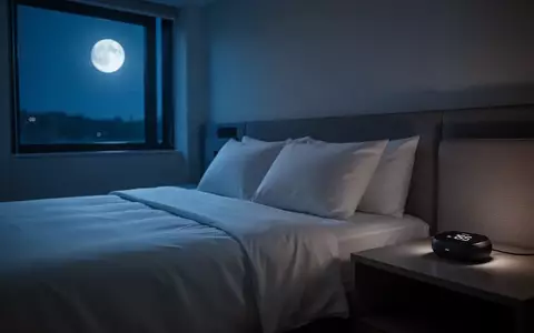 Ein minimalistisches, modern eingerichtetes Schlafzimmer bei Nacht mit einem leeren Bett und einem unbeleuchteten Schlaf-Tracker auf dem Nachttisch. - Foto: über boerse-global.de