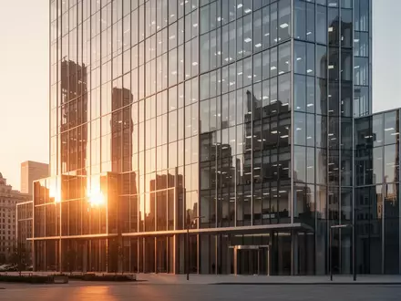 Ein modernes Bürogebäude in einem Finanzviertel im warmen Licht der Abendsonne. - Foto: über boerse-global.de