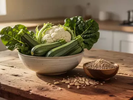 Frisches, saisonales Gemüse wie Zucchini, Karfiol und Mangold sowie Getreide auf einem rustikalen Holztisch. - Foto: über boerse-global.de