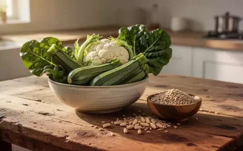 Frisches, saisonales Gemüse wie Zucchini, Karfiol und Mangold sowie Getreide auf einem rustikalen Holztisch. - Foto: über boerse-global.de