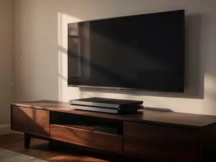 Moderne Spielekonsole unter einem dunklen Fernsehbildschirm in einem hellen Wohnzimmer. - Foto: über boerse-global.de
