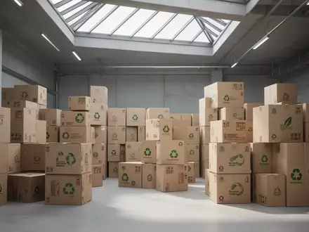 Stapel von recycelbaren Kartonverpackungen in einem modernen, hellen Lagerhaus als Symbol für Nachhaltigkeit und Logistik. - Foto: über boerse-global.de