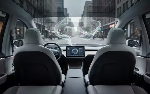 Moderner, minimalistischer Innenraum eines autonomen Fahrzeugs mit Blick auf die Windschutzscheibe und den leeren Fahrersitz. - Foto: über boerse-global.de