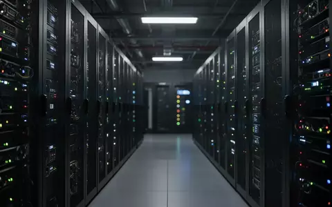 Ein dunkler Serverraum mit Reihen von Hochleistungs-Hardware und blinkenden Statusleuchten in einem Rechenzentrum. - Foto: über boerse-global.de