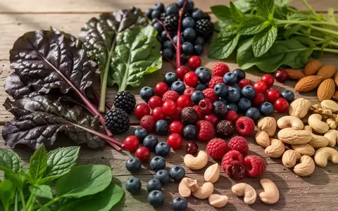 Nahaufnahme von frischem, pflanzlichem Gemüse, Beeren und Nüssen auf einer hölzernen Oberfläche als Symbol für eine gesunde Ernährung. - Foto: über boerse-global.de