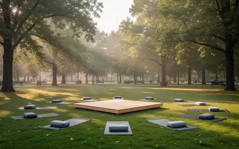 Leere Yoga-Matten und Meditationskissen auf einer sonnendurchfluteten Wiese in einem Park, symbolisierend ganzheitliche Fitness. - Foto: über boerse-global.de