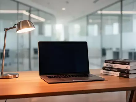 Ein moderner, minimalistischer Arbeitsplatz mit einem Laptop und Fachbüchern in einer hellen, professionellen Büroumgebung. - Foto: über boerse-global.de