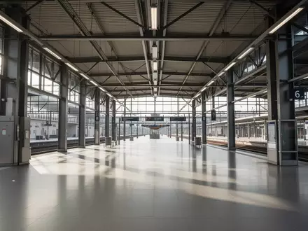 Leere Bahnhofshalle mit moderner Architektur und einfallendem Tageslicht. - Foto: über boerse-global.de