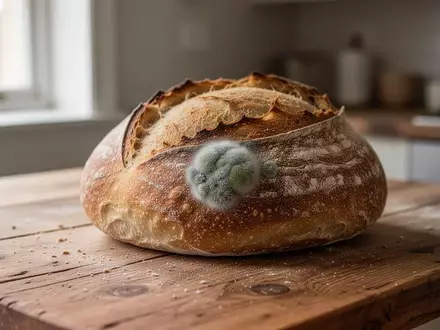 Ein Laib Brot mit einer kleinen Schimmelstelle auf einer Holzarbeitsplatte in einer Küche. - Foto: über boerse-global.de