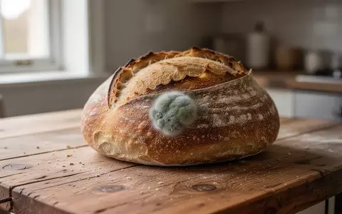 Ein Laib Brot mit einer kleinen Schimmelstelle auf einer Holzarbeitsplatte in einer Küche. - Foto: über boerse-global.de