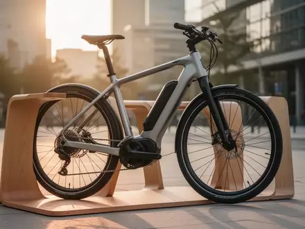 Modernes E-Bike an einem minimalistischen Fahrradständer in städtischer Umgebung bei Sonnenuntergang. - Foto: über boerse-global.de