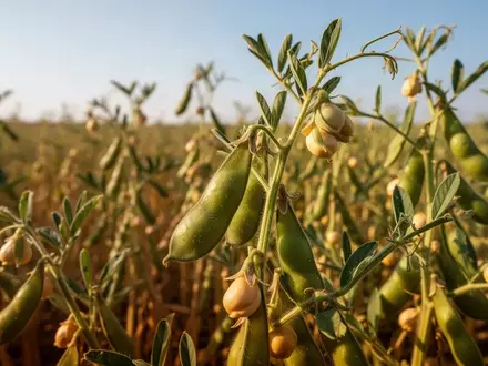 Kichererbsenpflanzen mit grünen Hülsen auf einem sonnigen Acker. - Foto: über boerse-global.de