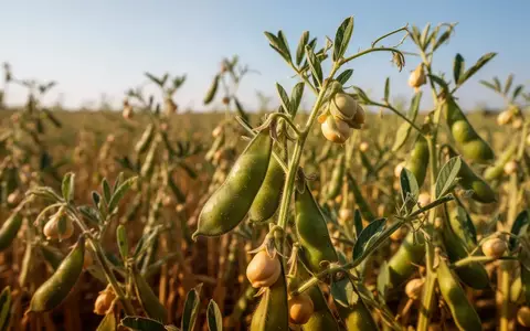Kichererbsenpflanzen mit grünen Hülsen auf einem sonnigen Acker. - Foto: über boerse-global.de