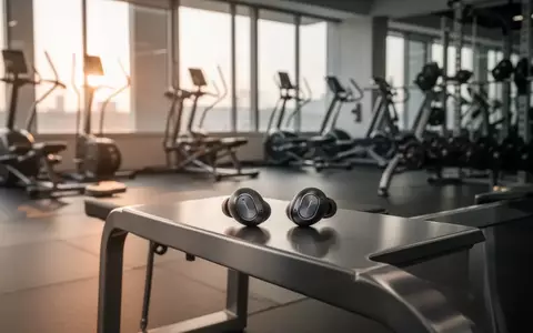 Draufsicht auf moderne kabellose Kopfhörer auf einer Fitnessbank in einem hellen, minimalistischen Fitnessstudio. - Foto: über boerse-global.de