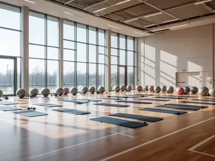 Leere Sporthalle mit aufgereihten Sportmatten und Gymnastikbällen in einer hellen, modernen Umgebung. - Foto: über boerse-global.de