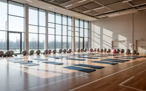 Leere Sporthalle mit aufgereihten Sportmatten und Gymnastikbällen in einer hellen, modernen Umgebung. - Foto: über boerse-global.de